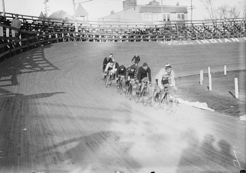 Cyclists practicing for a six-day race, c. 1909.